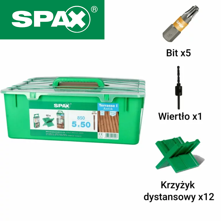Zestaw tarasowy Green Box SPAX wkręt nierdzewny do deski tarasowej 5,0x50mm 850 sztuk - stare złoto